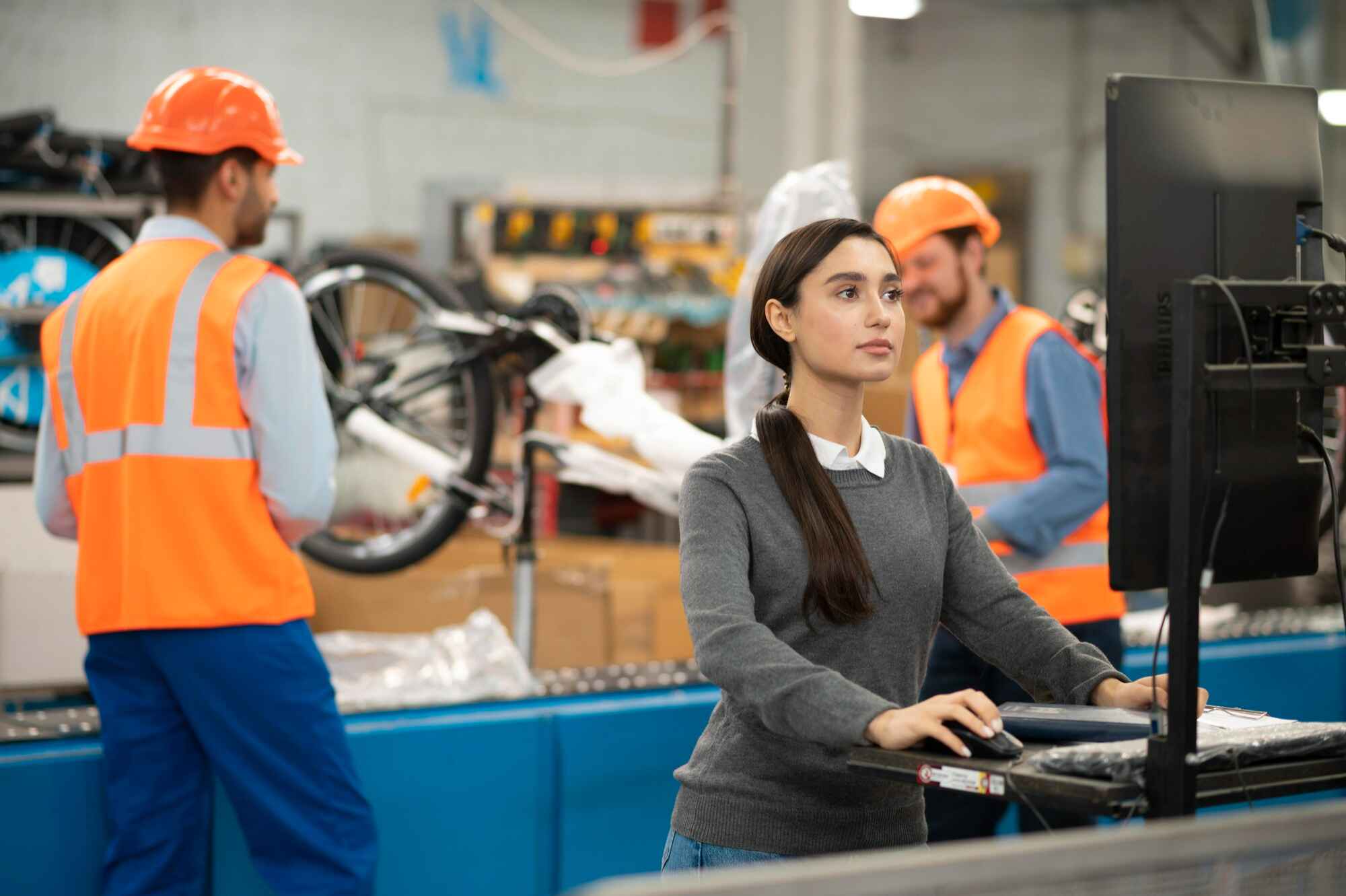 Lady worker using ERP system in factory production line.