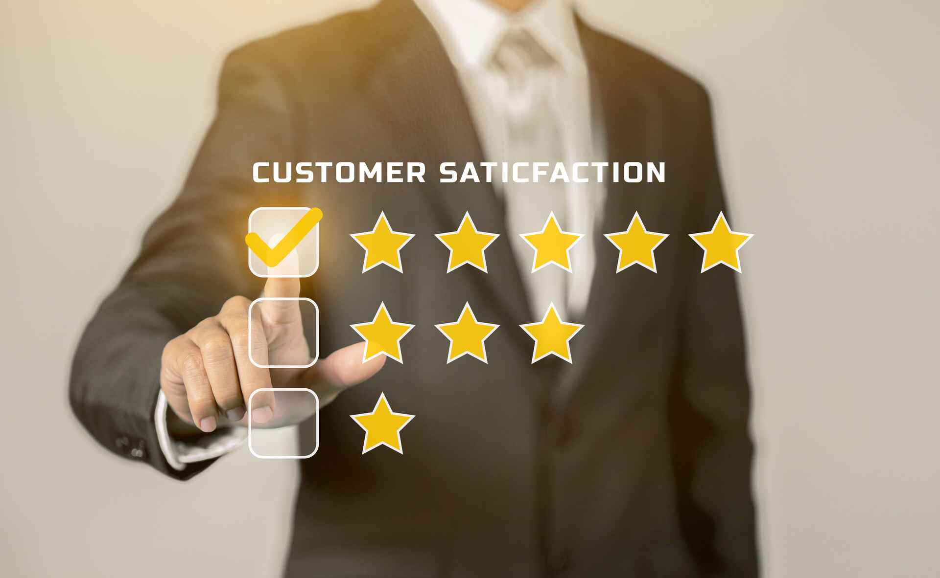 A businessman giving a 5 star rating showing ERP helps improved customer satisfaction.